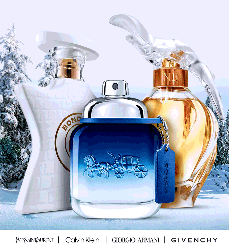 Best selling scents displayed in an icy winter scene