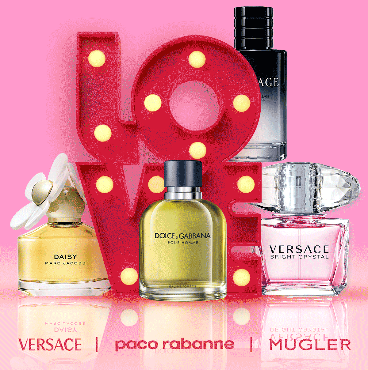 Popular fragrances sit on top of LOVE letters that light up to advertise Valentine's Day deals