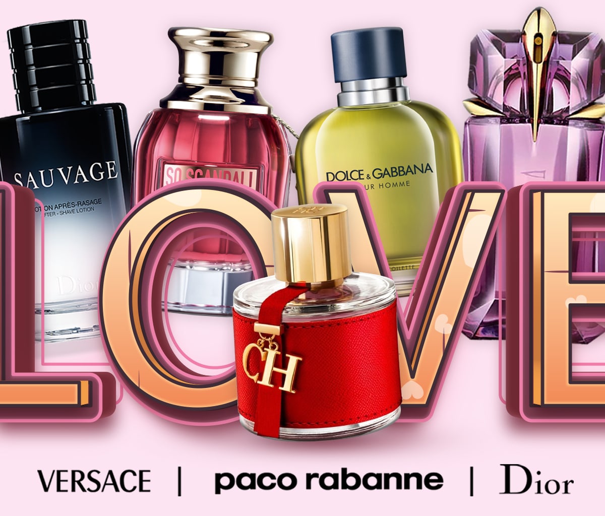 Fragrances displayed beside letters spelling out LOVE for Valentine's Day savings