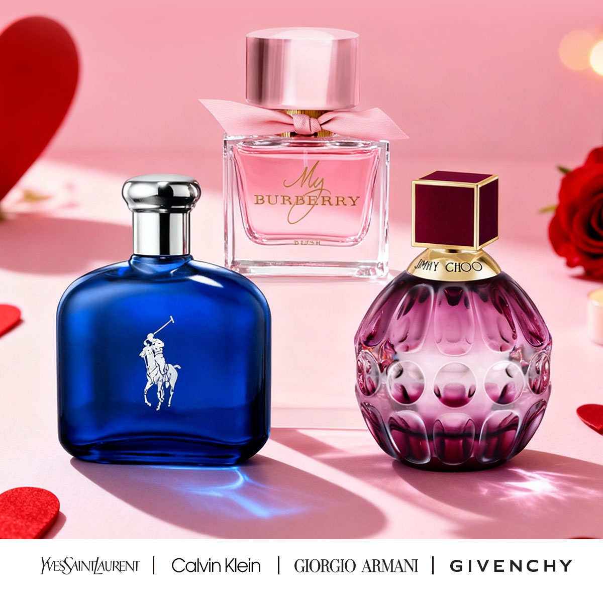 Popular fragrances sit on display with Valentine's Day elements during seasonal savings