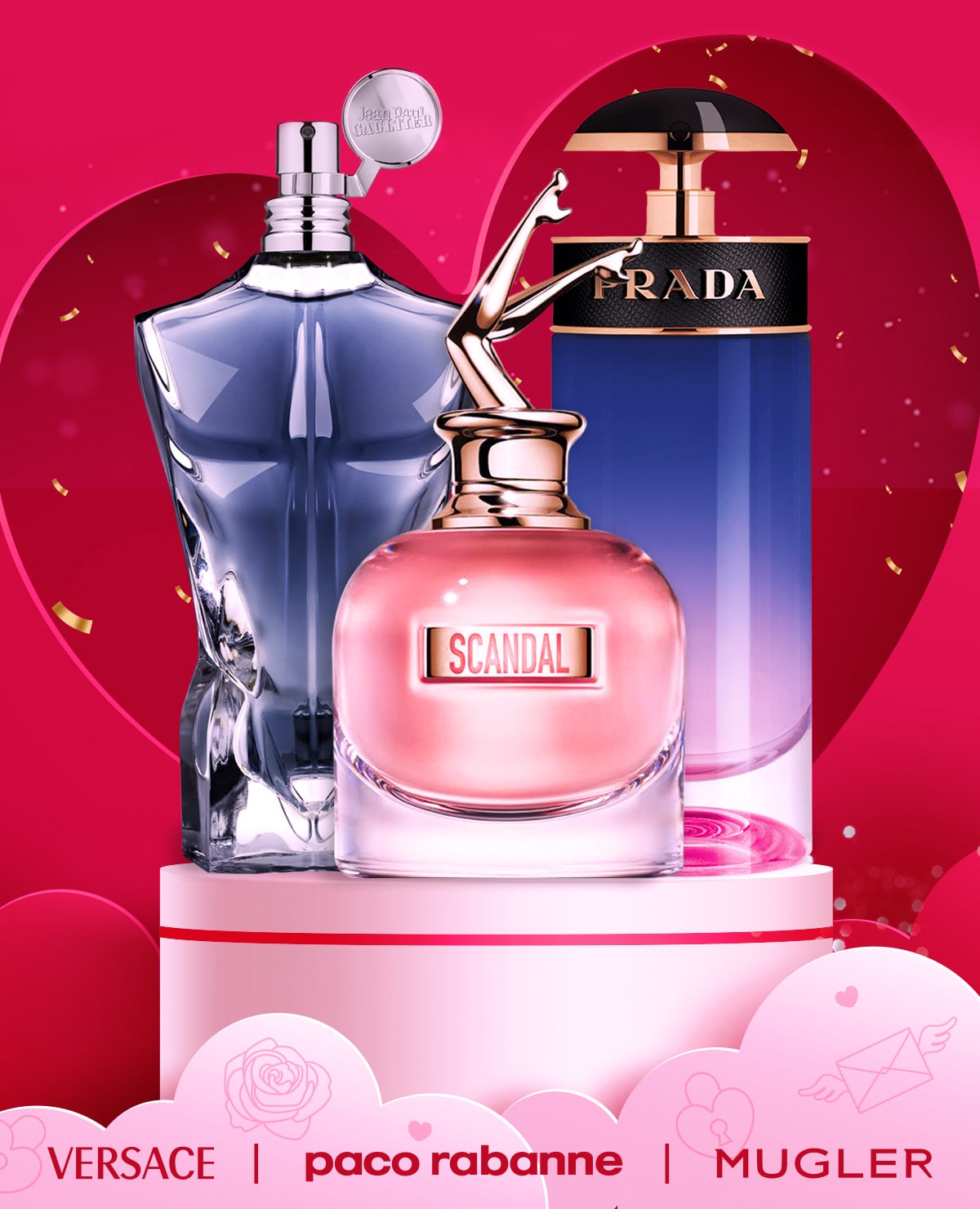 Populate perfumes are displayed on a pedestal with Valentine's elements to advertise sale