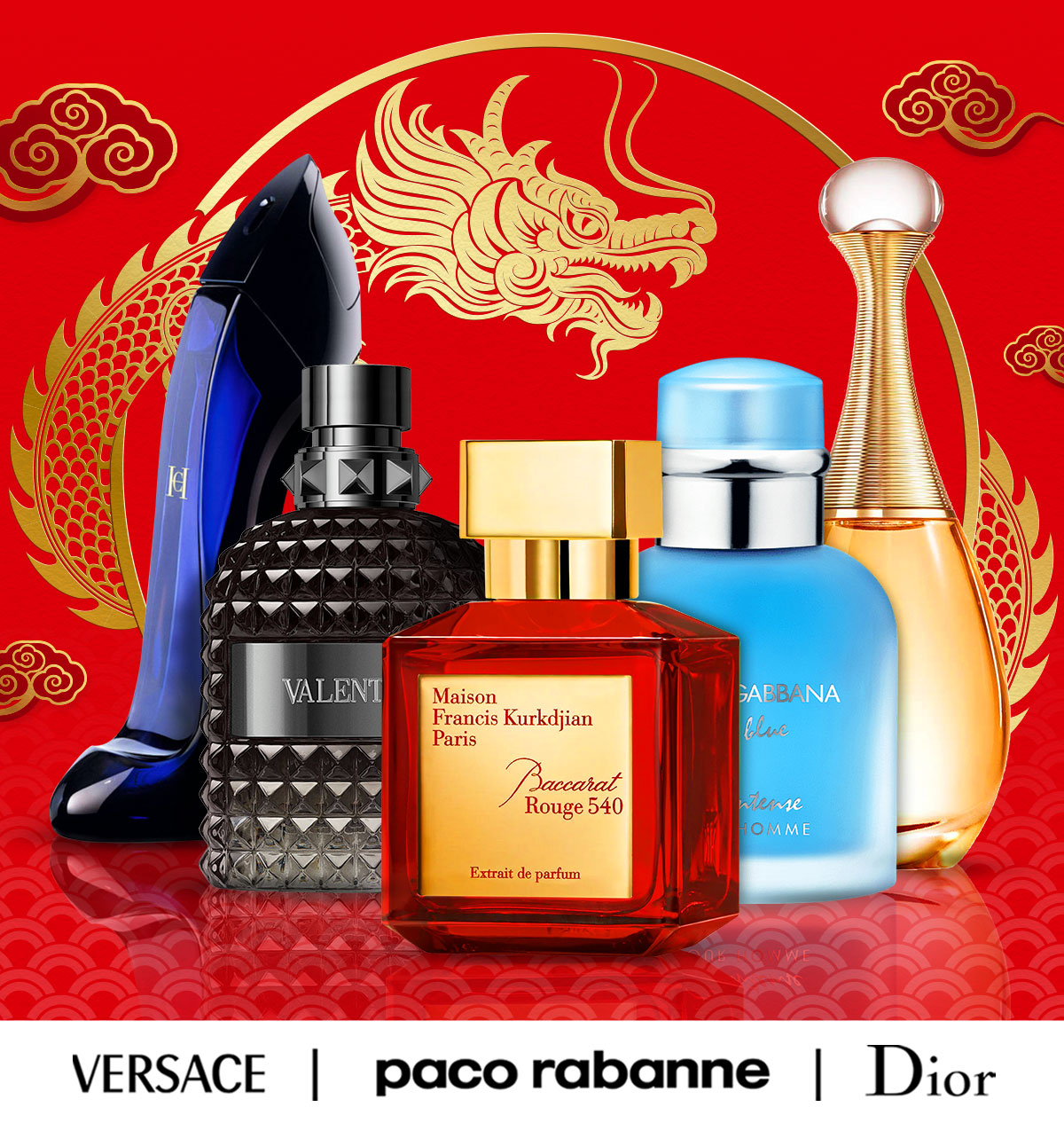 A golden dragon surrounds popular fragrances on sale for the Lunar New Year