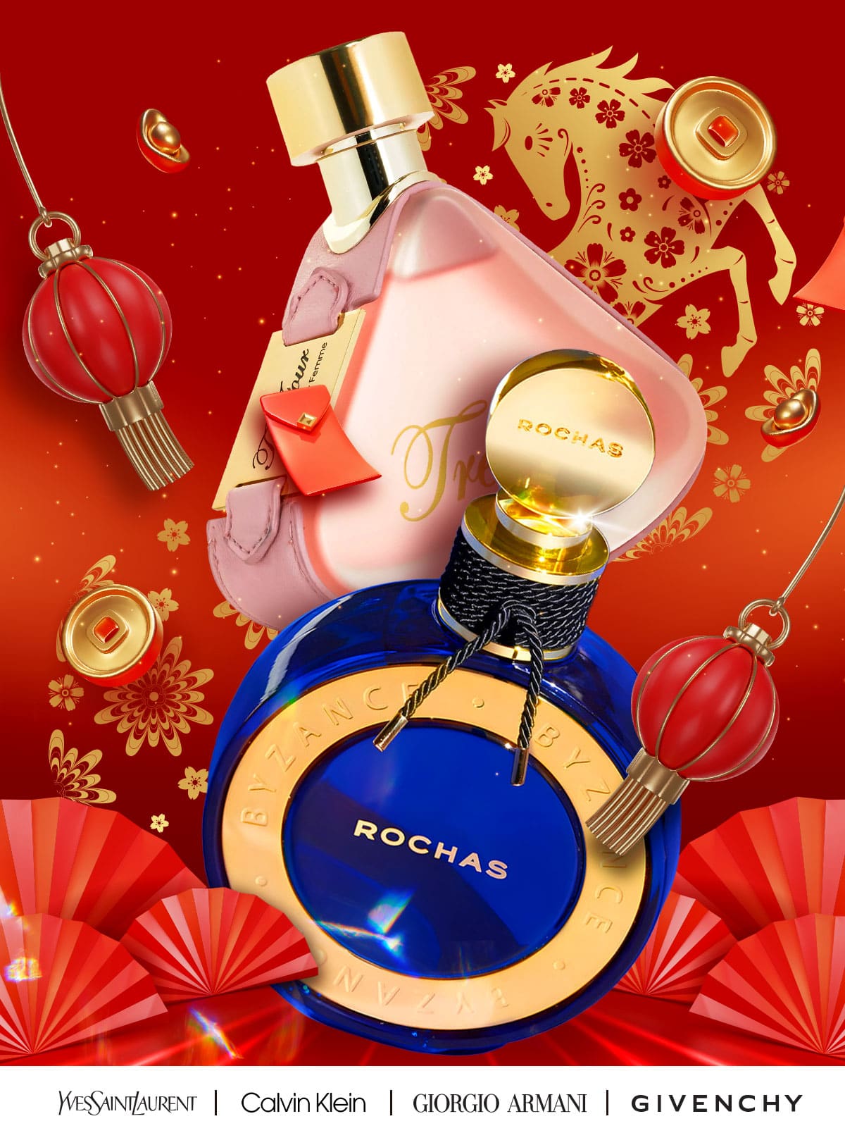 Display of popular fragrance bottles on a red and gold background for Lunar New Year deals