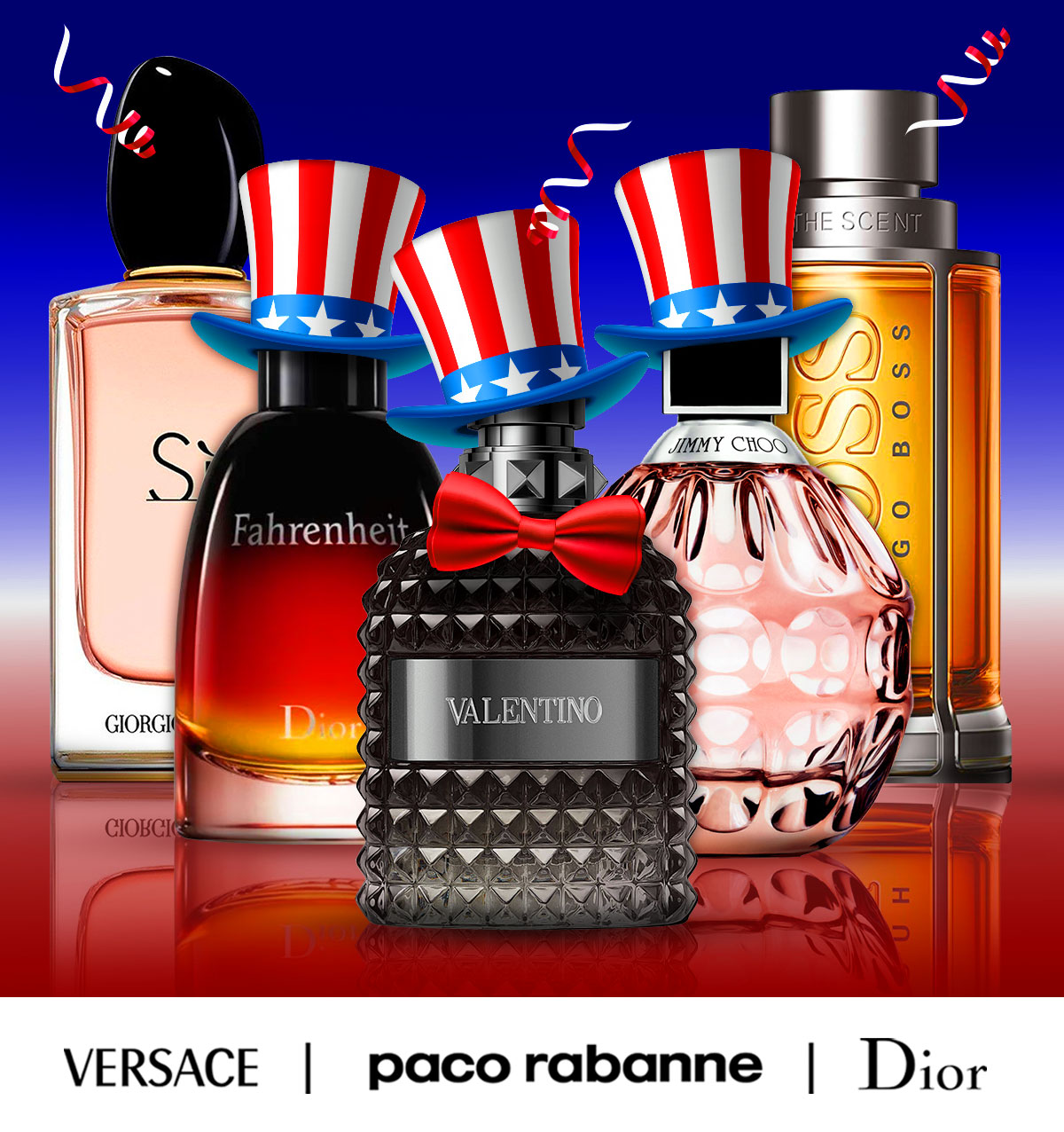 Popular perfume and cologne wear patriotic hats during Presidents' Day savings