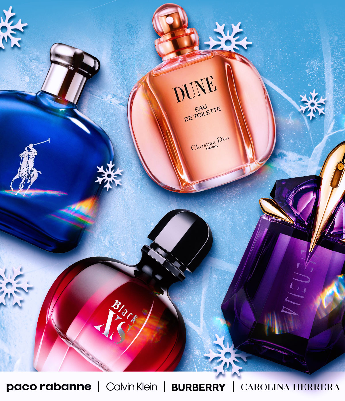 Best selling fragrances are displayed on a blanket of ice during winter deals