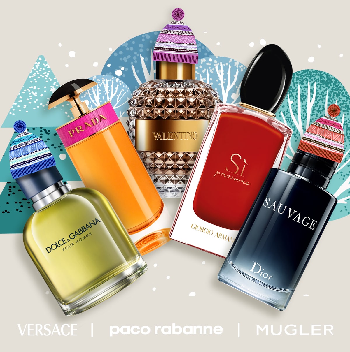 Popular fragrances wear winter hats with snowy trees to advertise winter deals