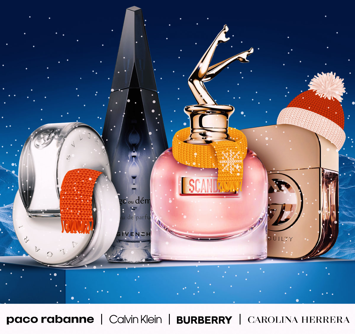 Best selling fragrances bundle up in a snowy scene during winter deals