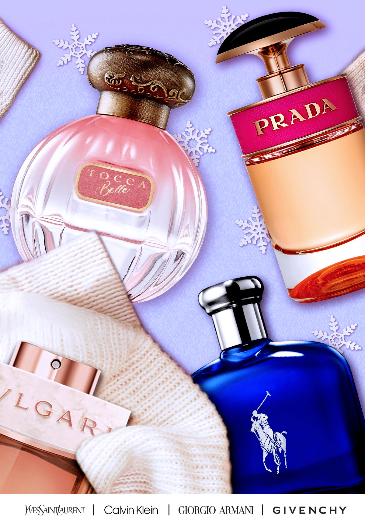 An assortment of popular fragrances on a wintry background