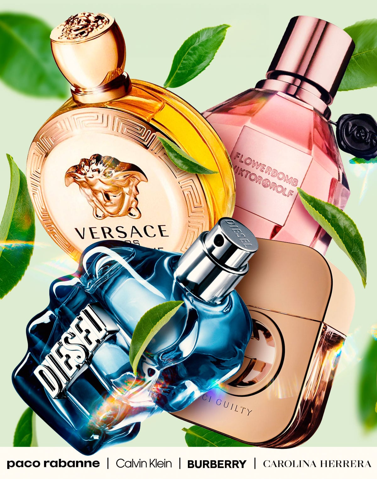 Green leaves fall around popular perfume and cologne during spring sale