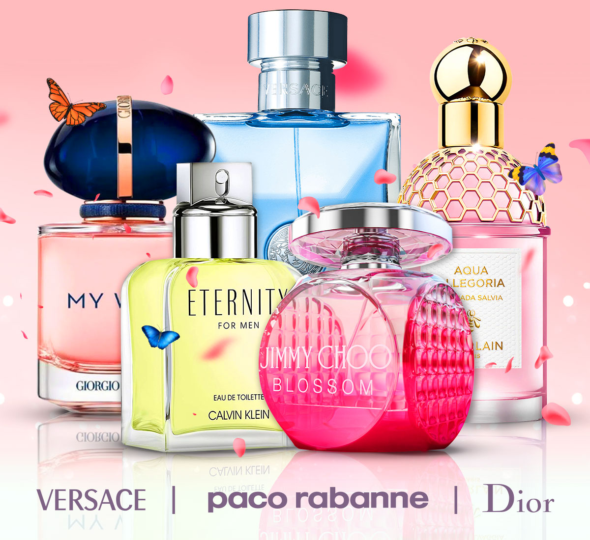 Butterflies fly around best-selling fragrances to advertise spring sale