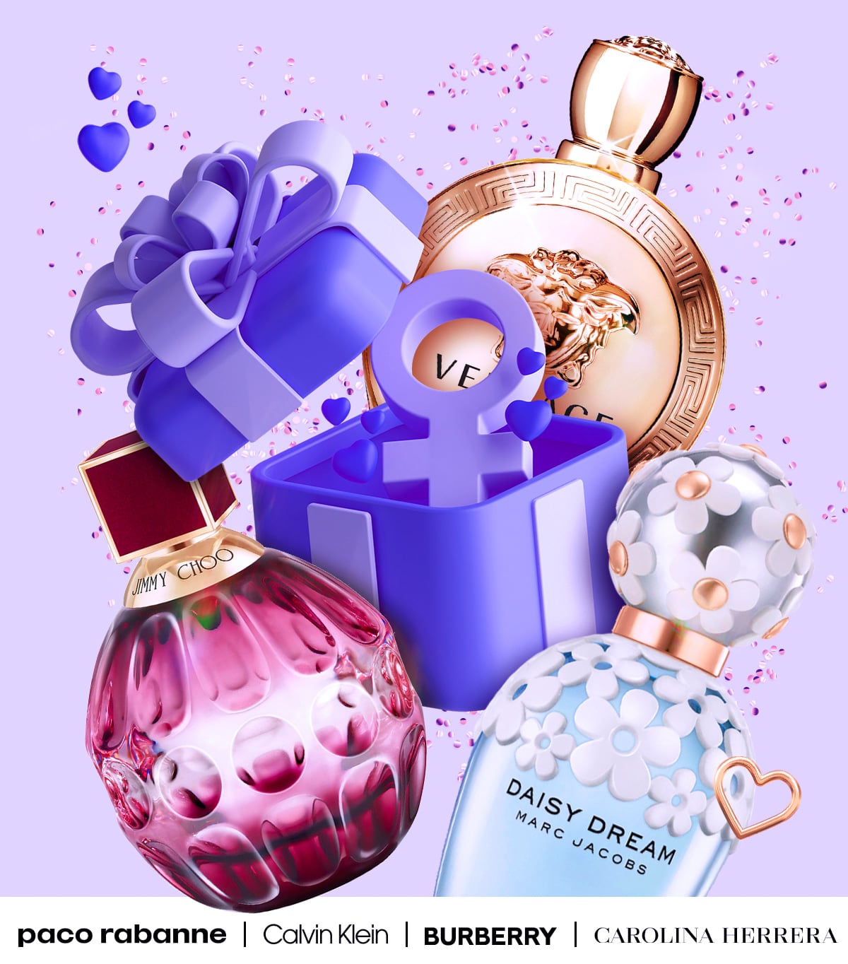 Popular perfume bottles float around a gift box during Women's Day deals