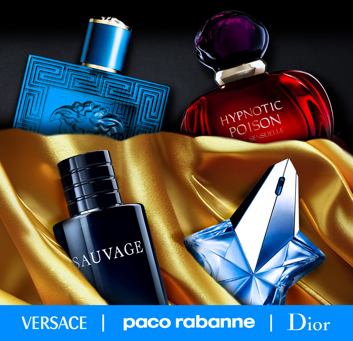 Fragrances are wrapped in a gold fabric to advertise deals for National Fragrance Day