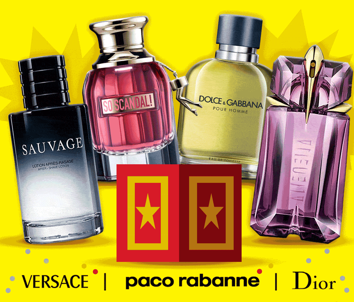 Popular perfume and cologne surround a jack in the box during April Fools Day sale