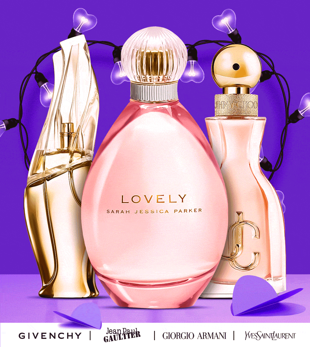 Popular fragrances are displayed on a Mother's Day backdrop