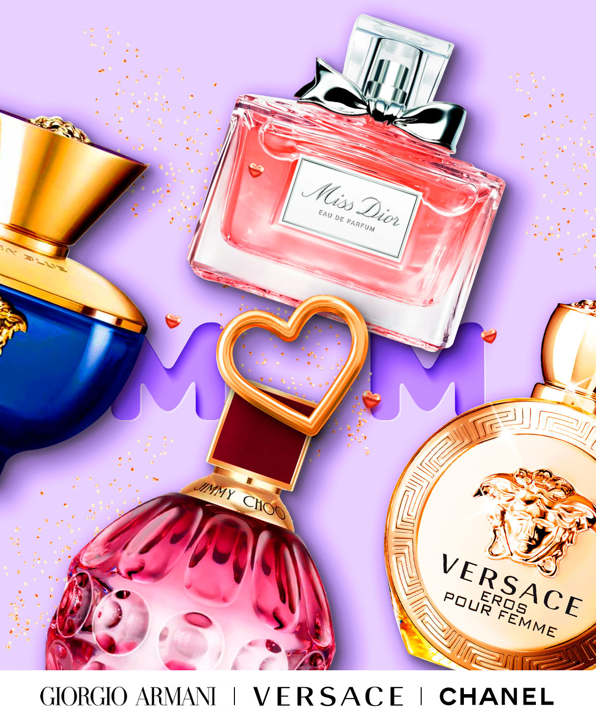 Best selling fragrances are displayed around MOM letters for Mother's Day savings