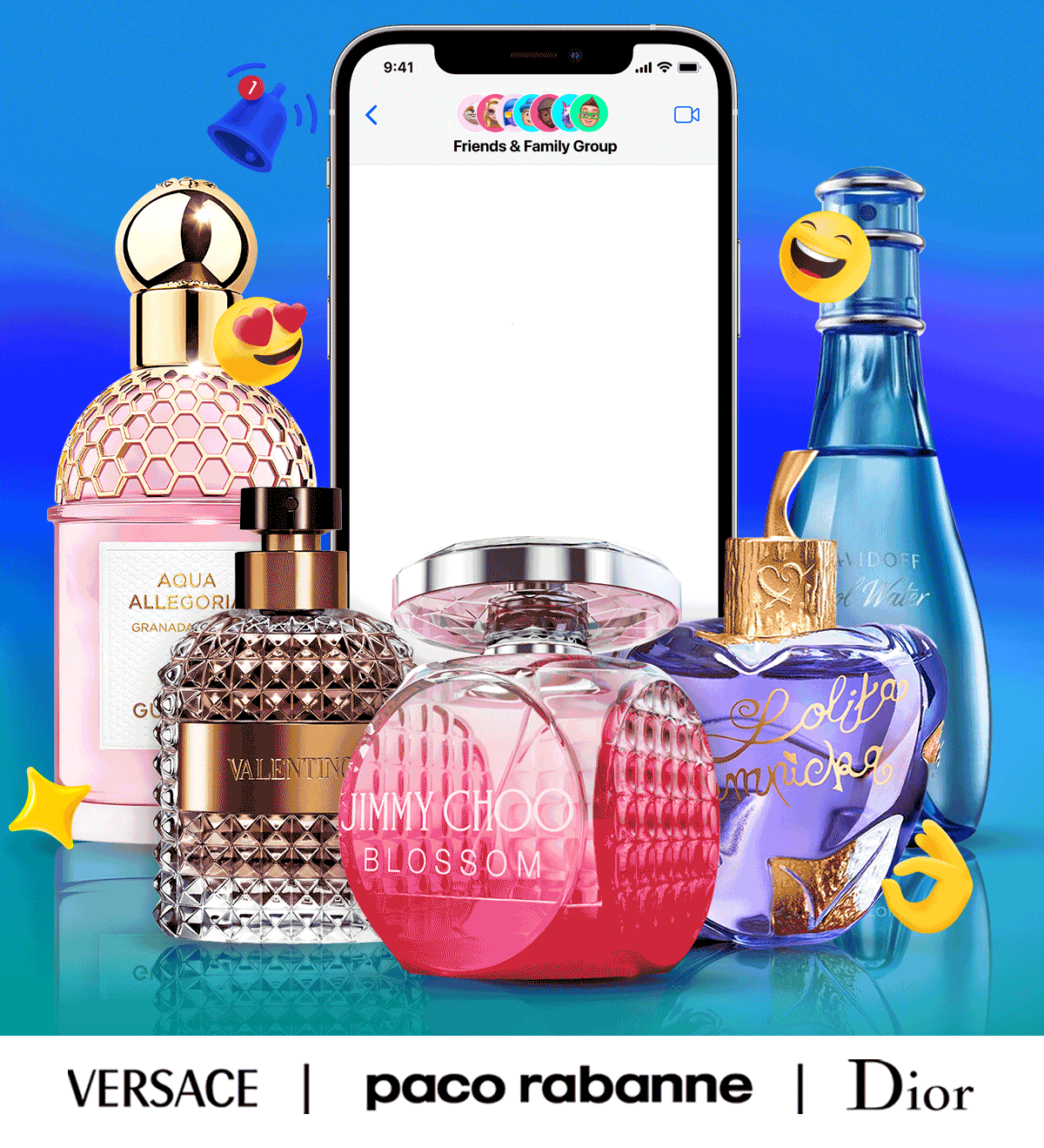 Popular fragrances are displayed surrounded a phone with text messages about the Perfume.com Friends & Family sale  