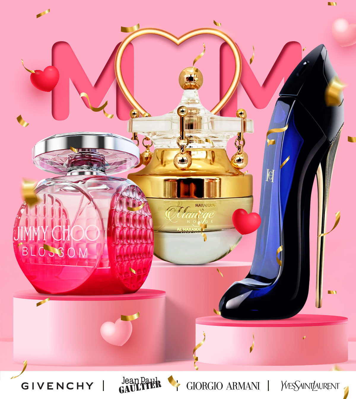 Popular fragrances on a display with MOM in the background