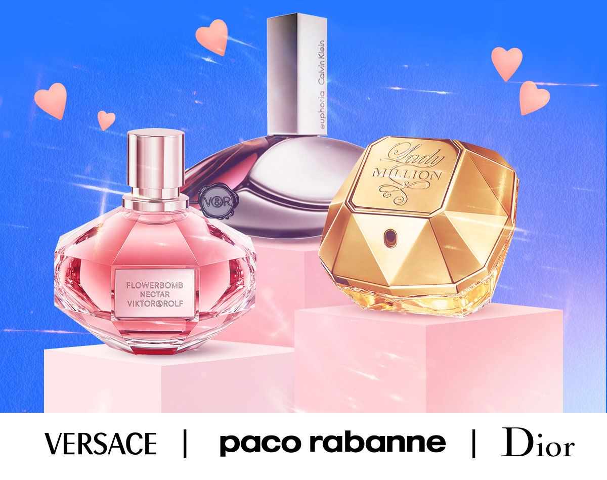 Best selling perfumes are displayed on pedestals advertising Mother's Day savings