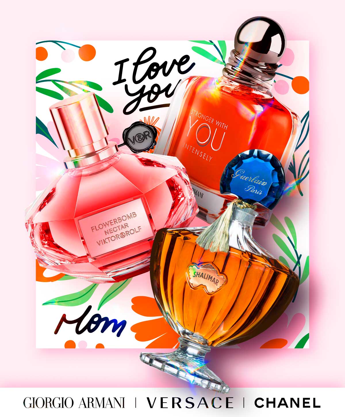 Top fragrance bottles fall in front of a Mother's Day card