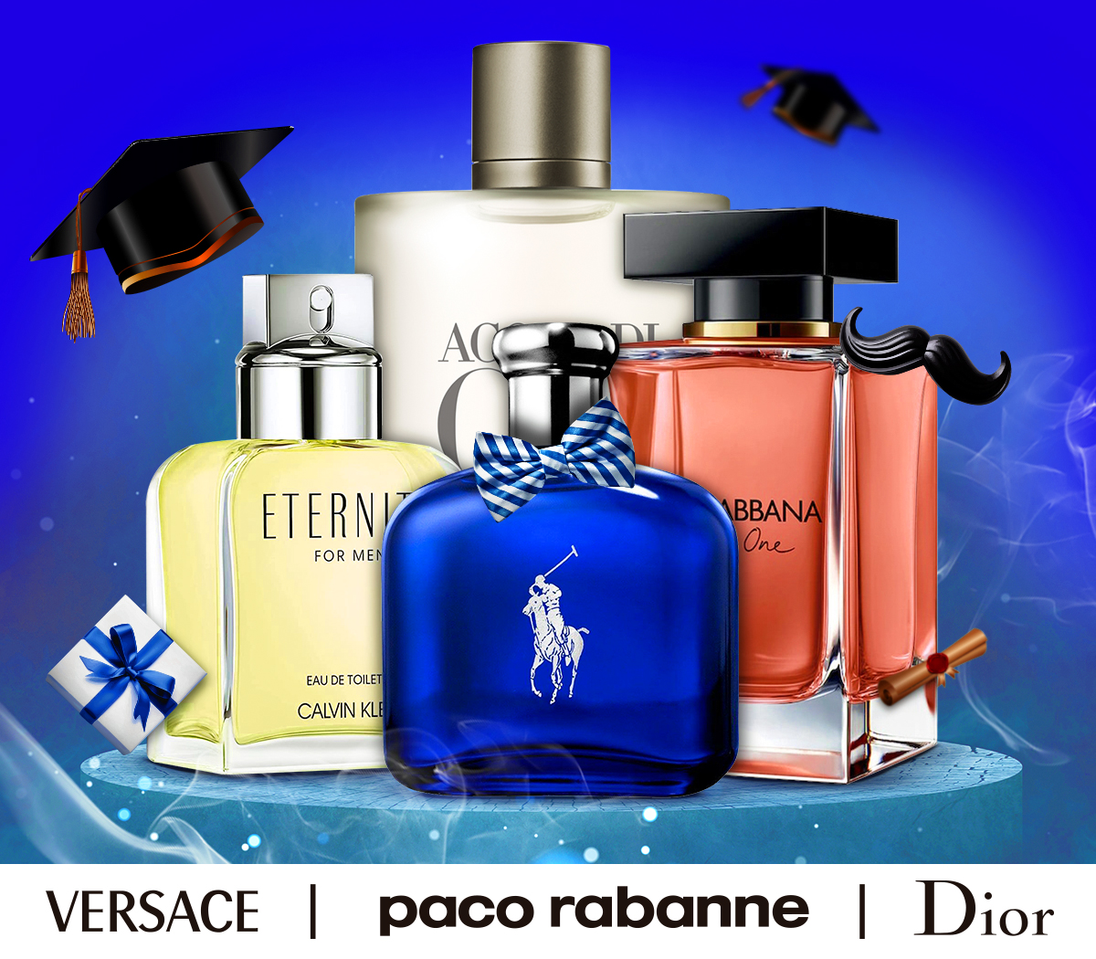 Popular fragrances are displayed with gift boxes and Father's Day elements during Dads & Grads Deals