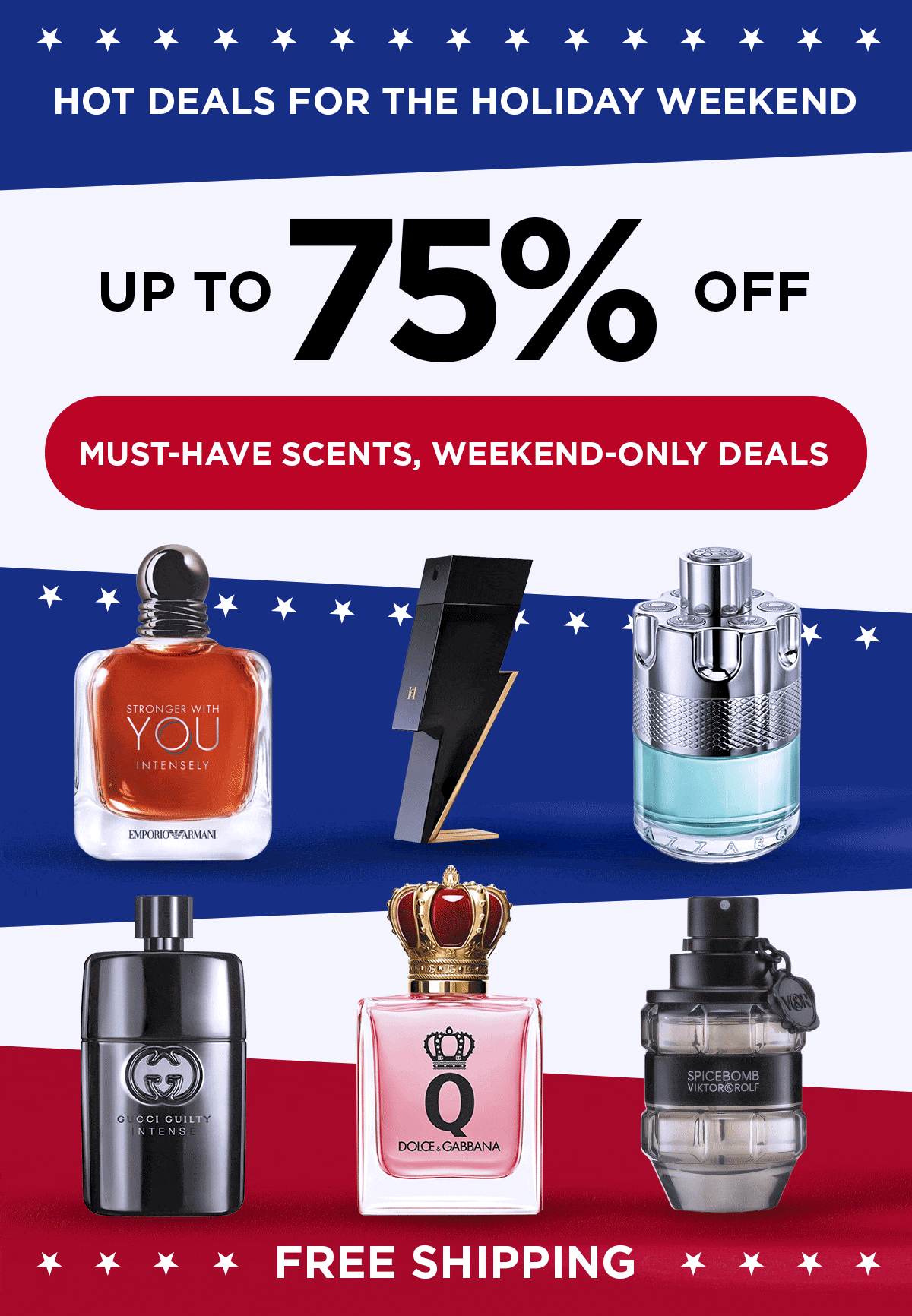 Red, white, and blue stripes animate behind popular scents during Memorial Day deals