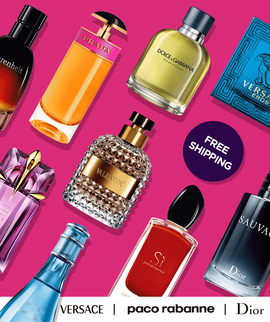 Best-selling perfume and cologne bottles dance on a bright background