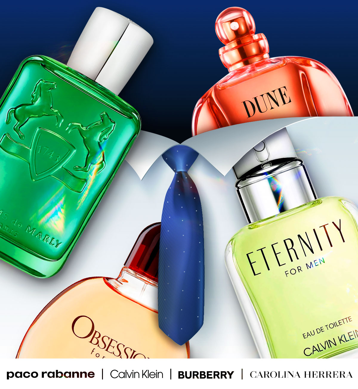 Top selling men's fragrances displayed on a button up shirt for Father's Day deals