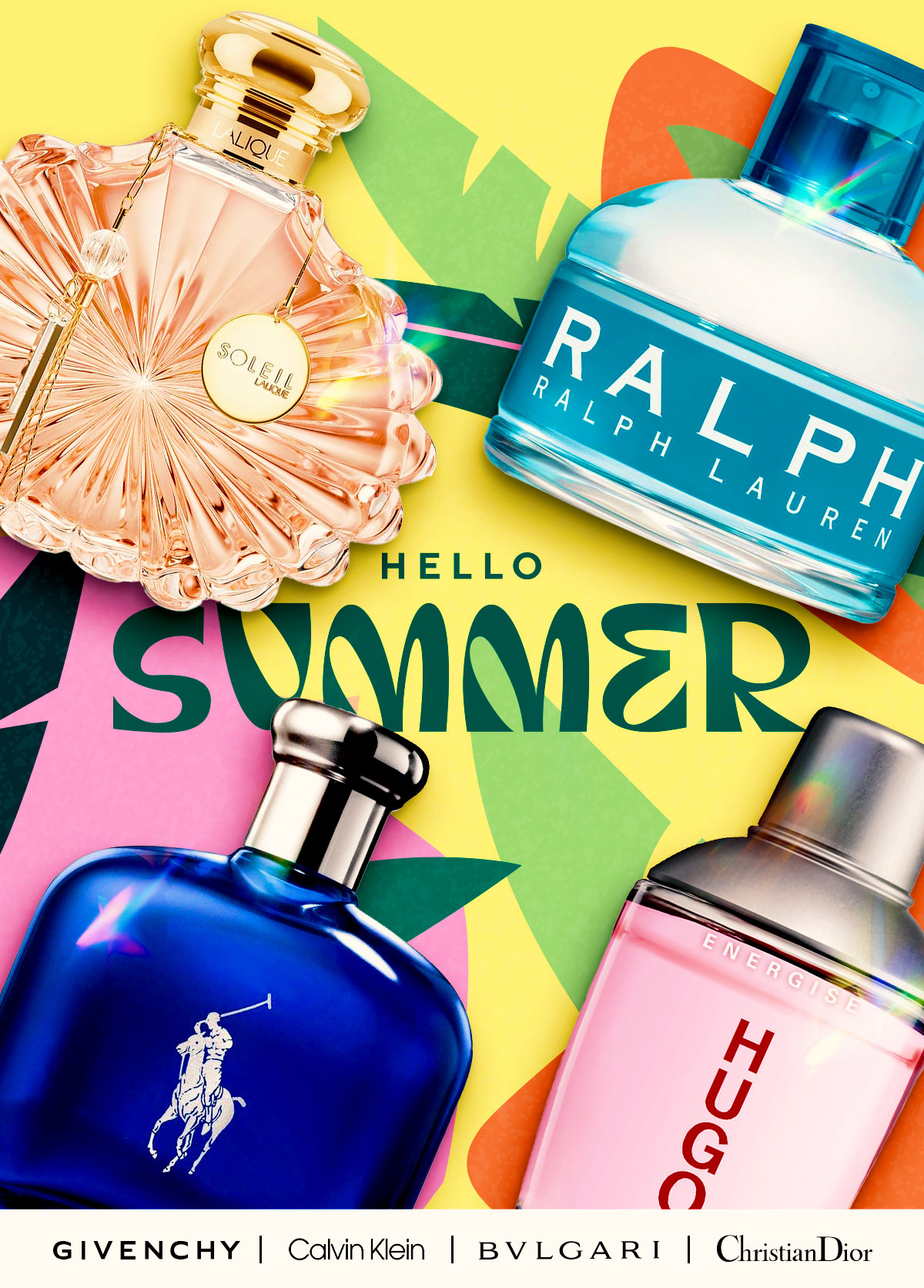 Overhead display of popular fragrances on a summer background