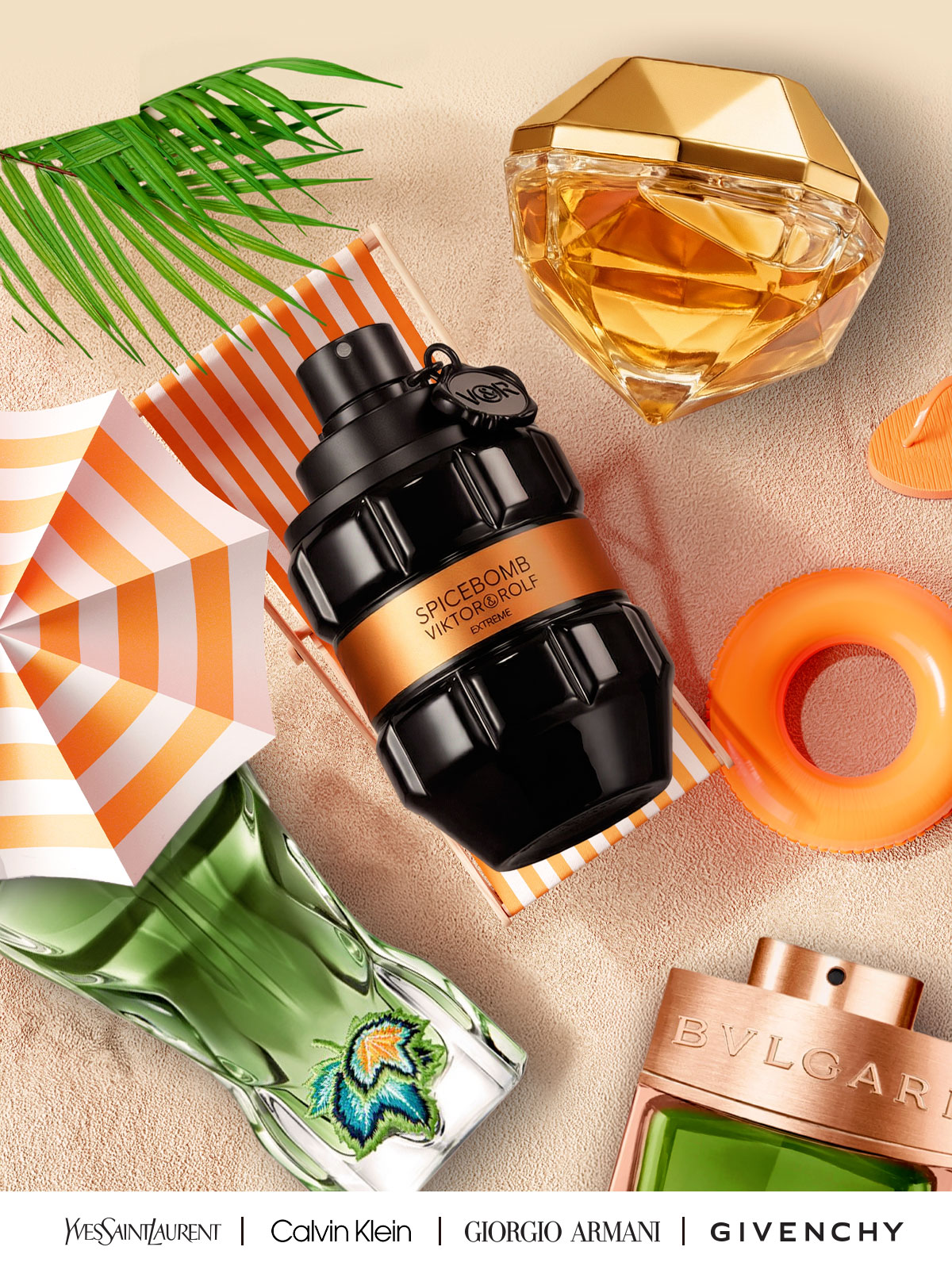 Popular fragrances sit out on a summer beach during seasonal savings