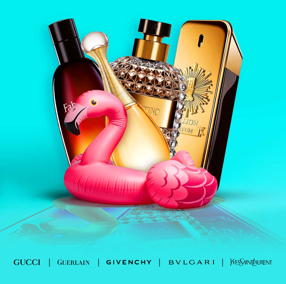 Popular perfume and cologne bottles sit in a pool float to advertise summer savings