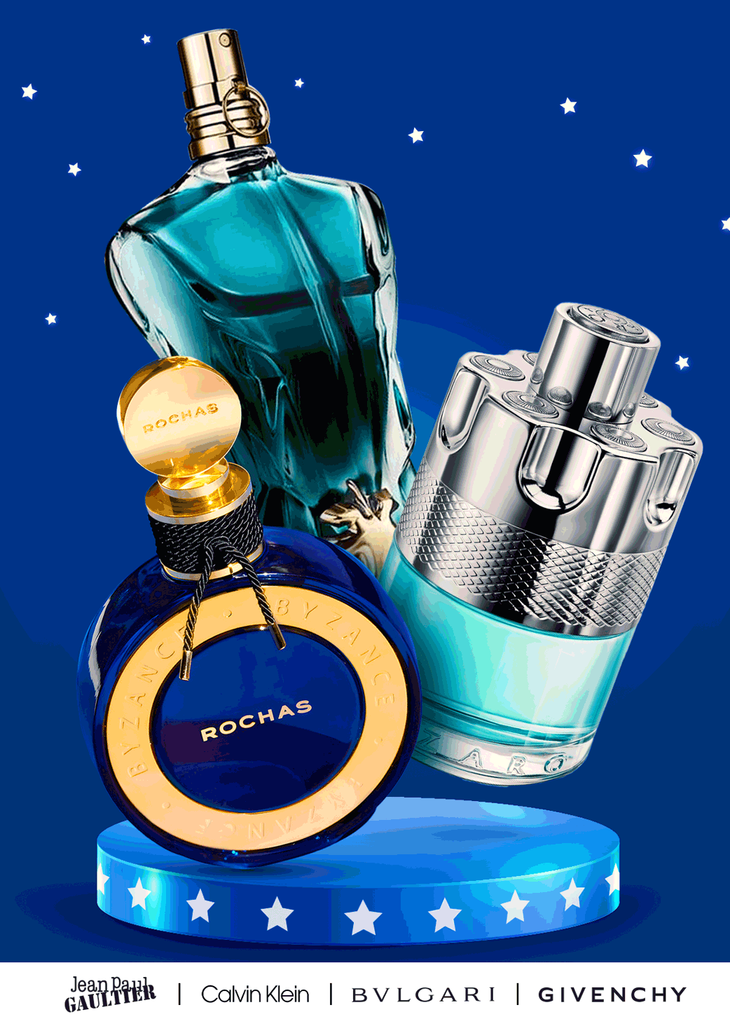 Popular fragrances sit on a patriotic display during Fourth of July sale event