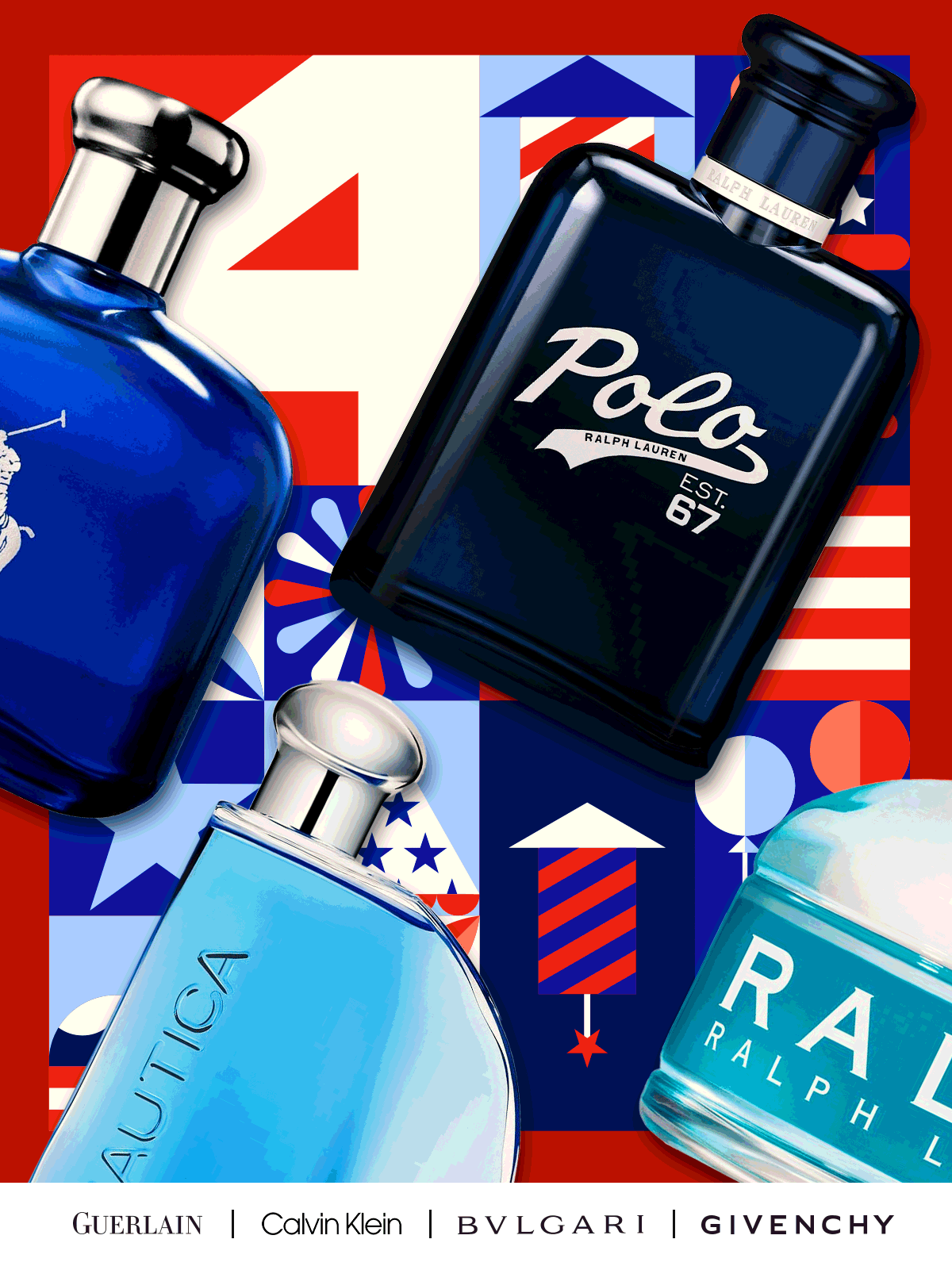 Red, white, and blue fragrances sit on a patriotic background for Independence Day deals