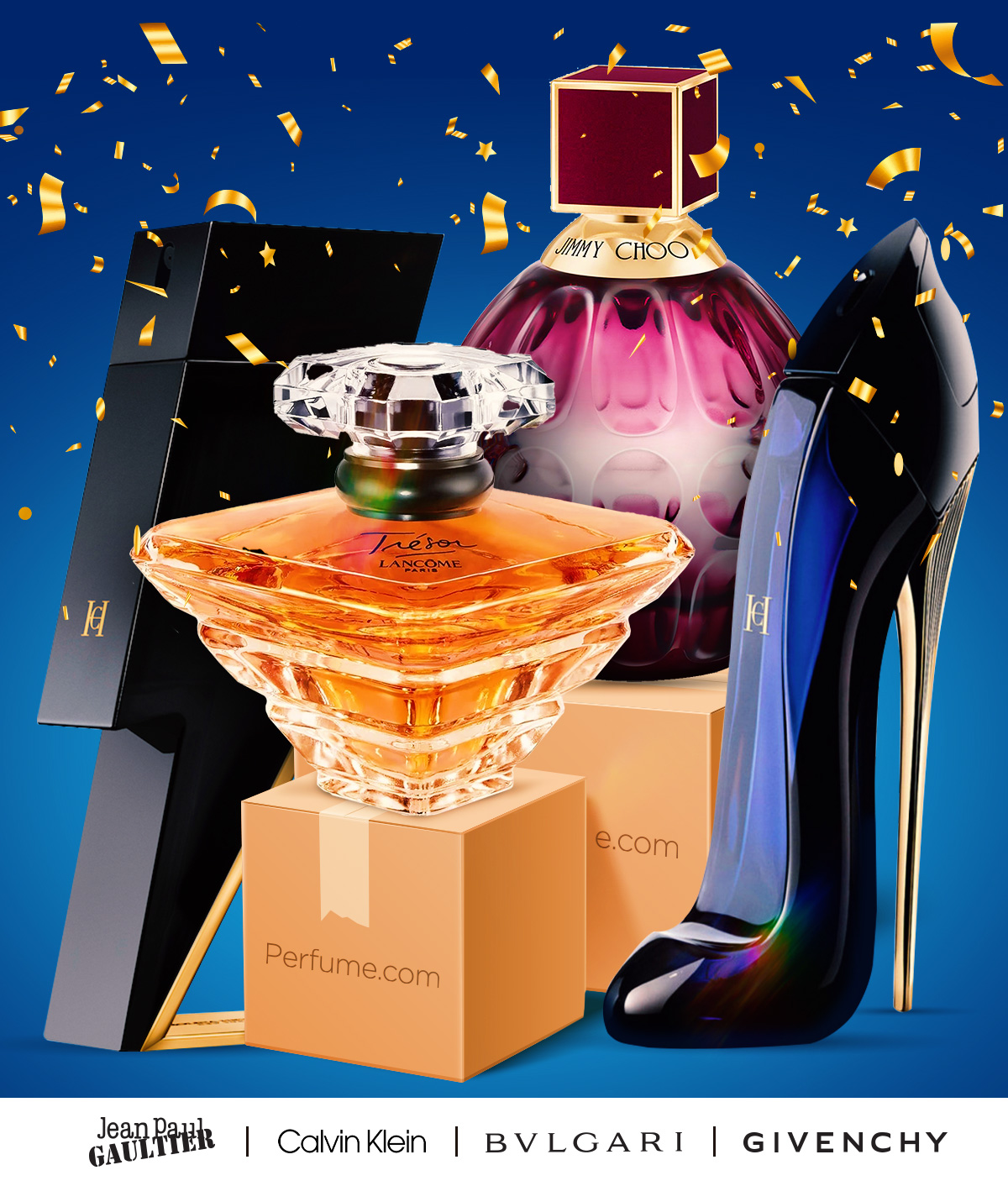 Popular perfume and cologne bottles sit on a shipping box surrounded by confetti