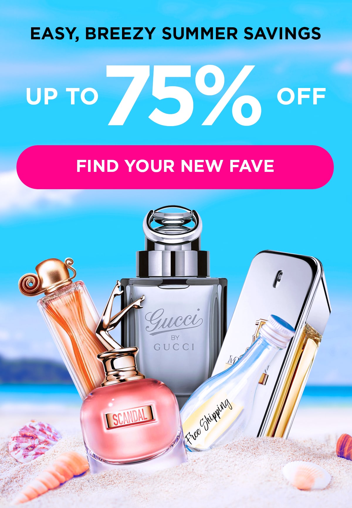 Popular perfume and cologne bottles on a beach display