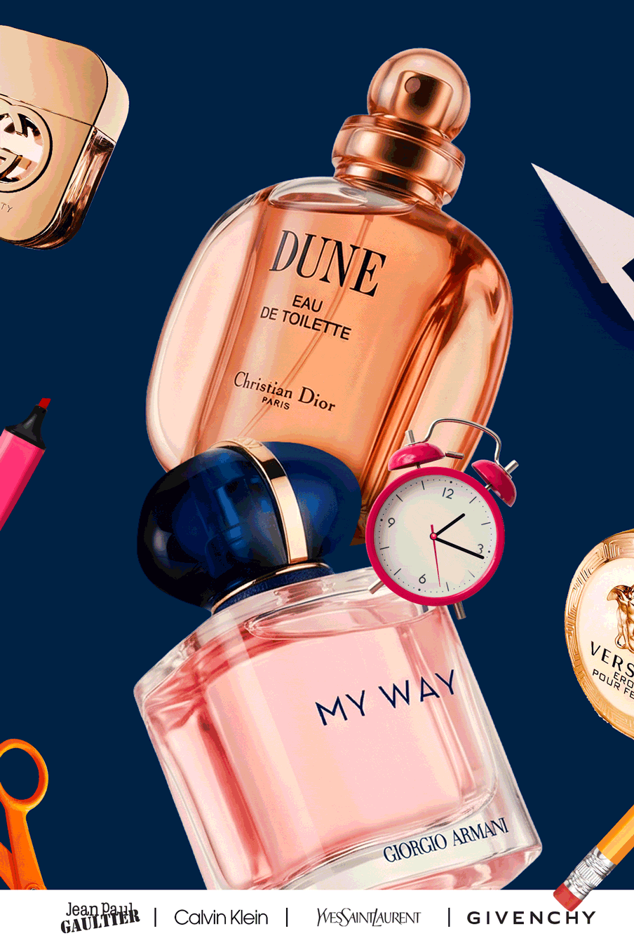 Best selling perfume and cologne bottles scattered with school elements during seasonal savings