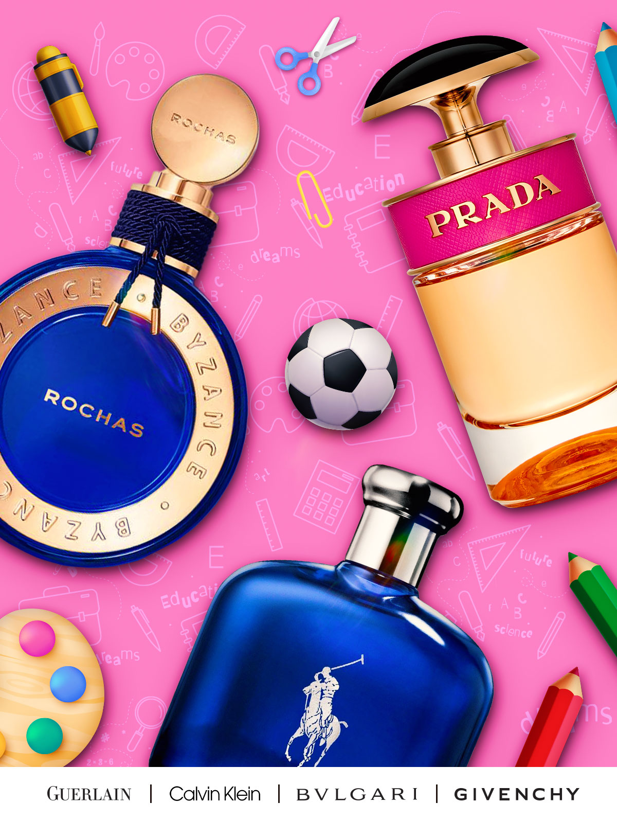 Favorite fragrances surrounded by school supplies for back to school deals
