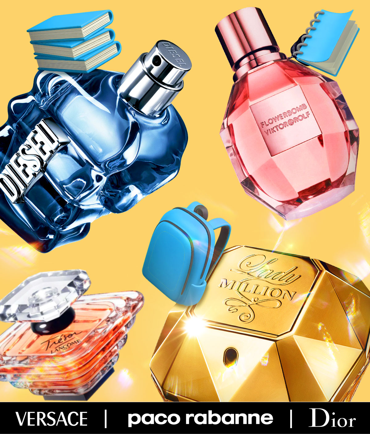 Best-selling perfume and cologne bottles scatter around school supplies during back to school savings