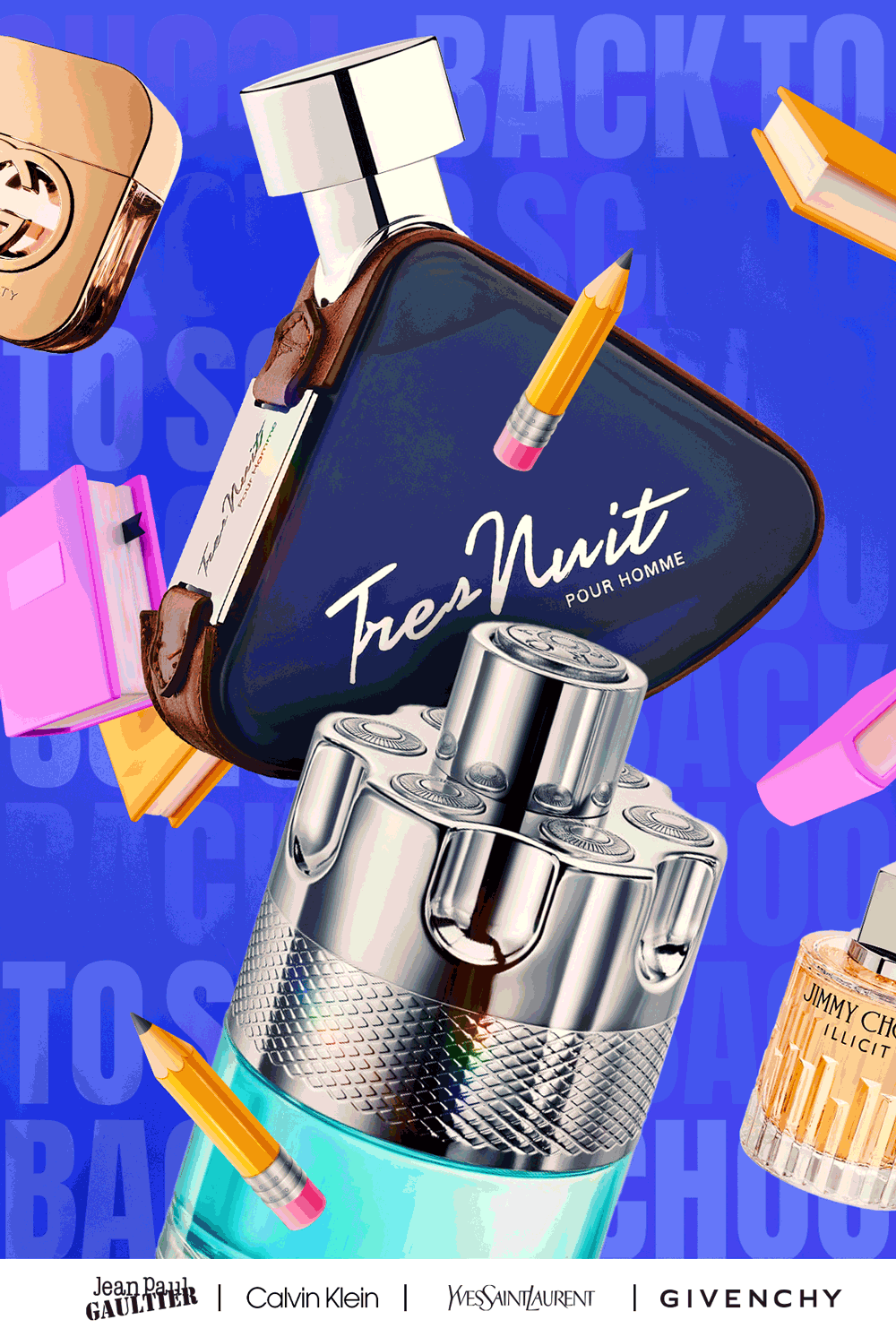 School supplies scatter around best-selling fragrance bottles during back to school savings