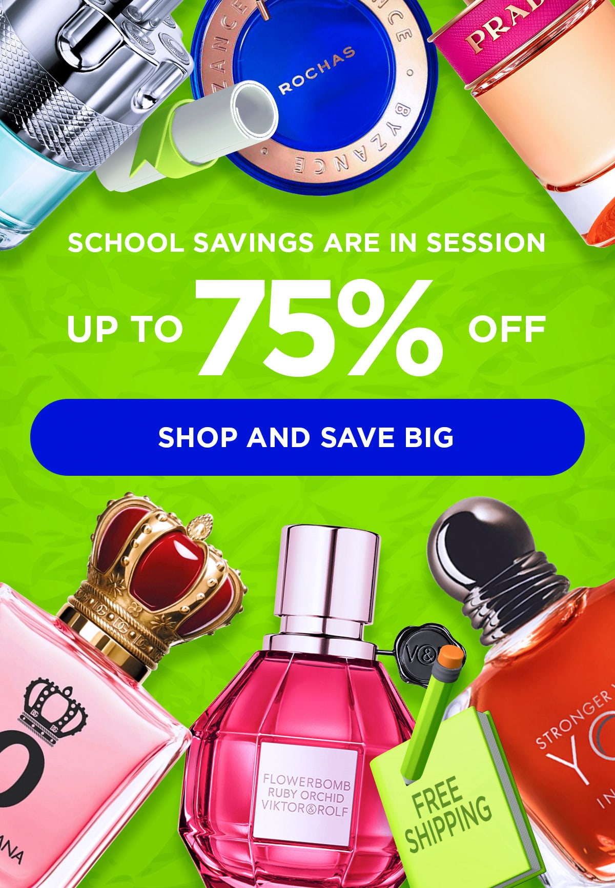 School supplies surround fragrances to advertise back to school deals