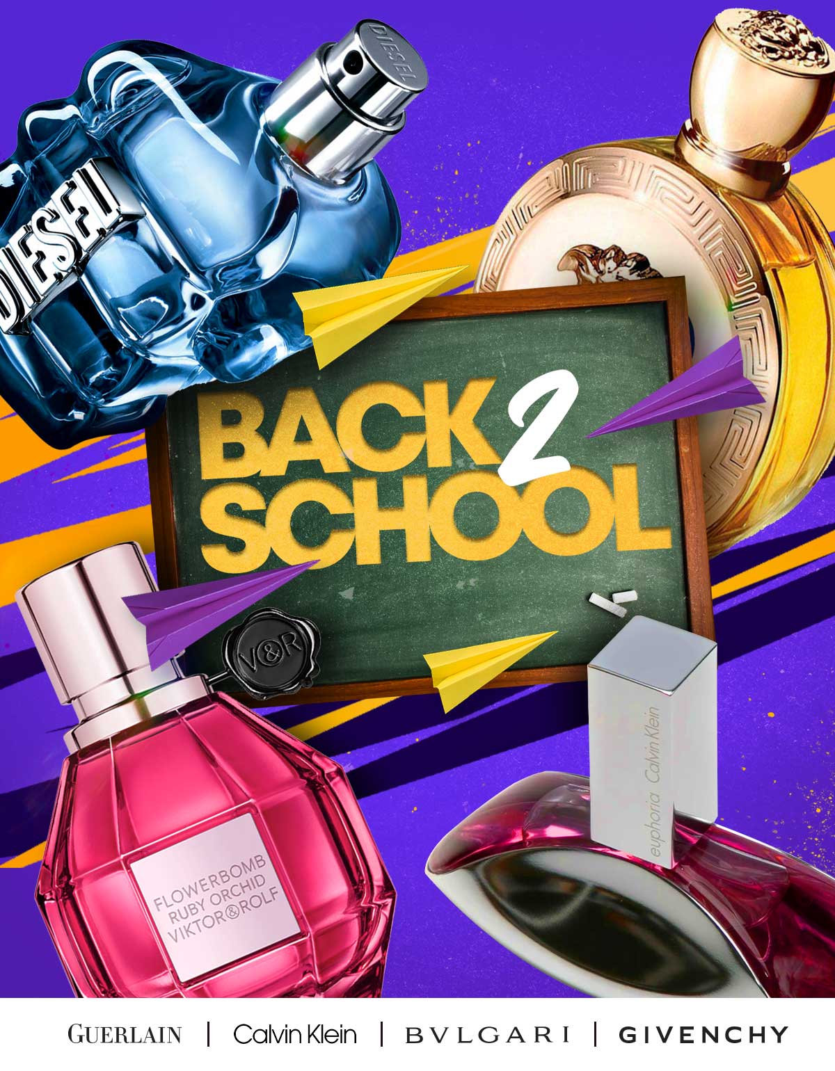 Popular fragrances surround a chalkboard with a back to school sale message