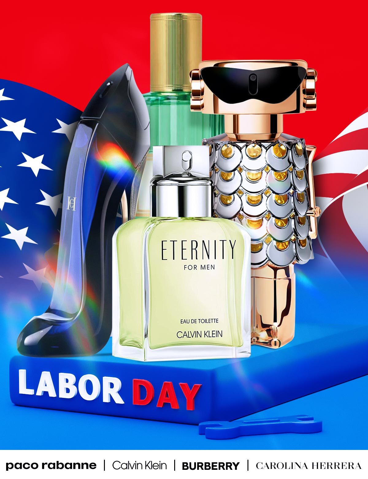 Popular perfumes and cologne bottles sit on a pedestal with Labor Day elements to advertise limited deals