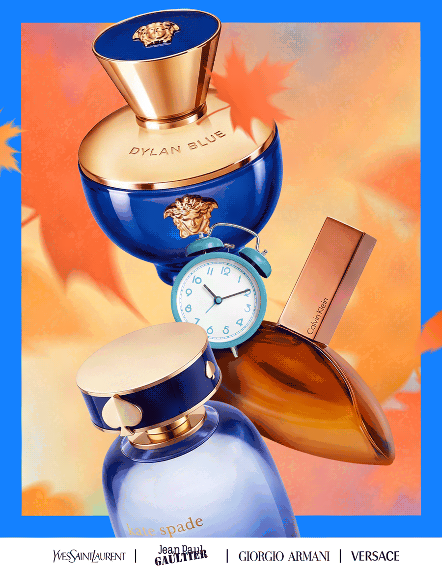 Autumn leaves fall around a cascade of popular fragrances during seasonal savings
