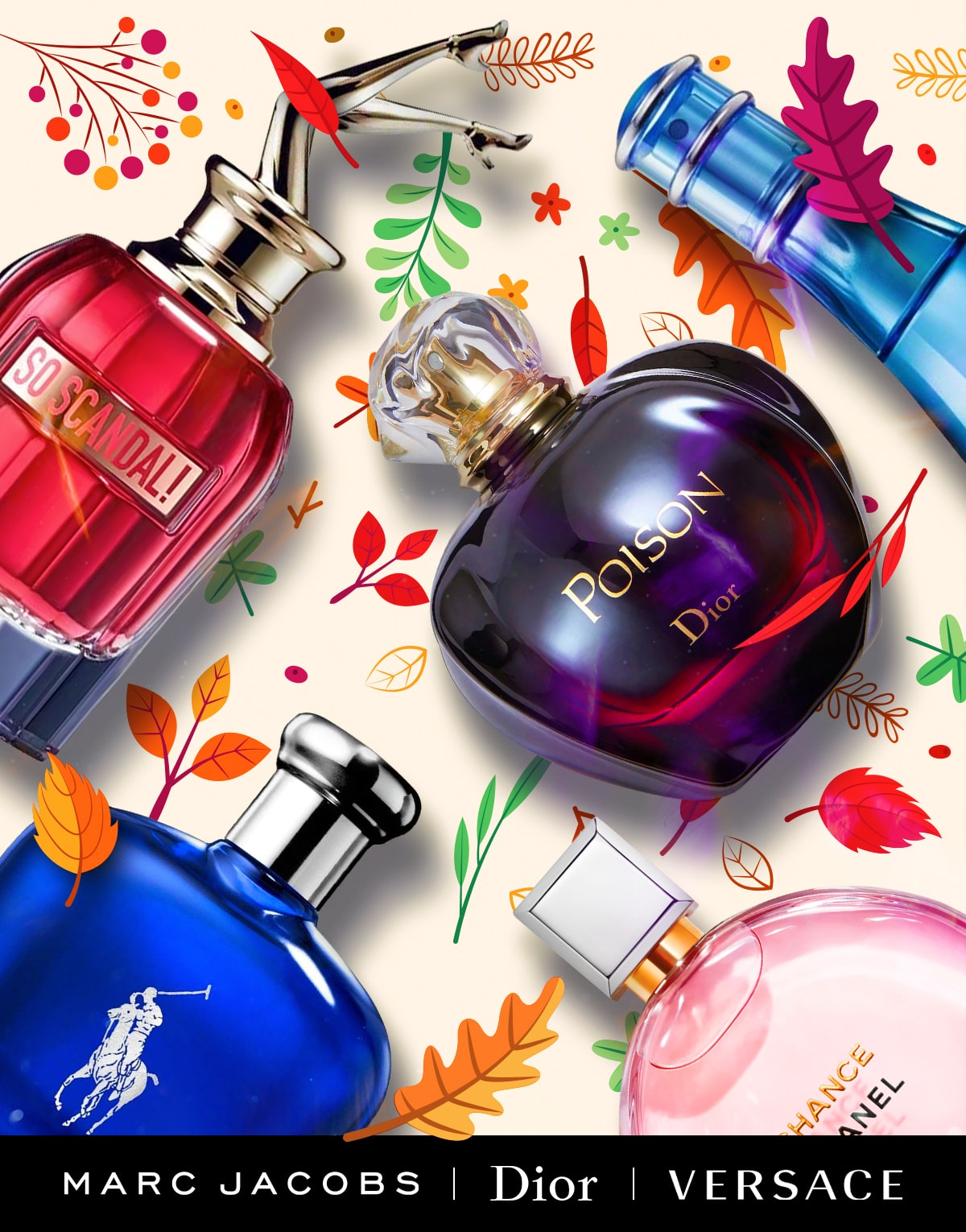 Best selling perfume and cologne sits on a decorative background during fall sale