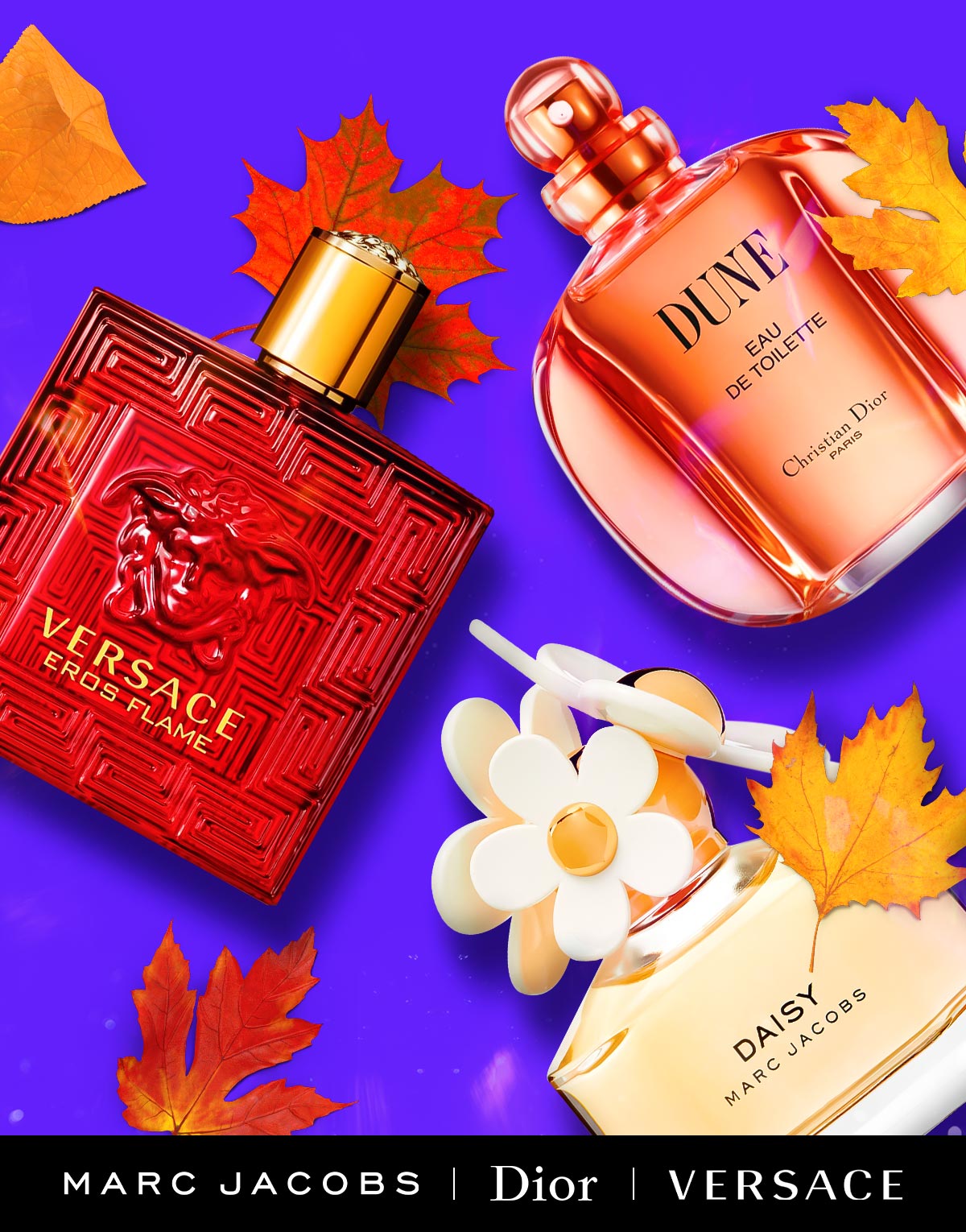 Popular fragrance bottles are surrounded by bright fall leaves during fall sale