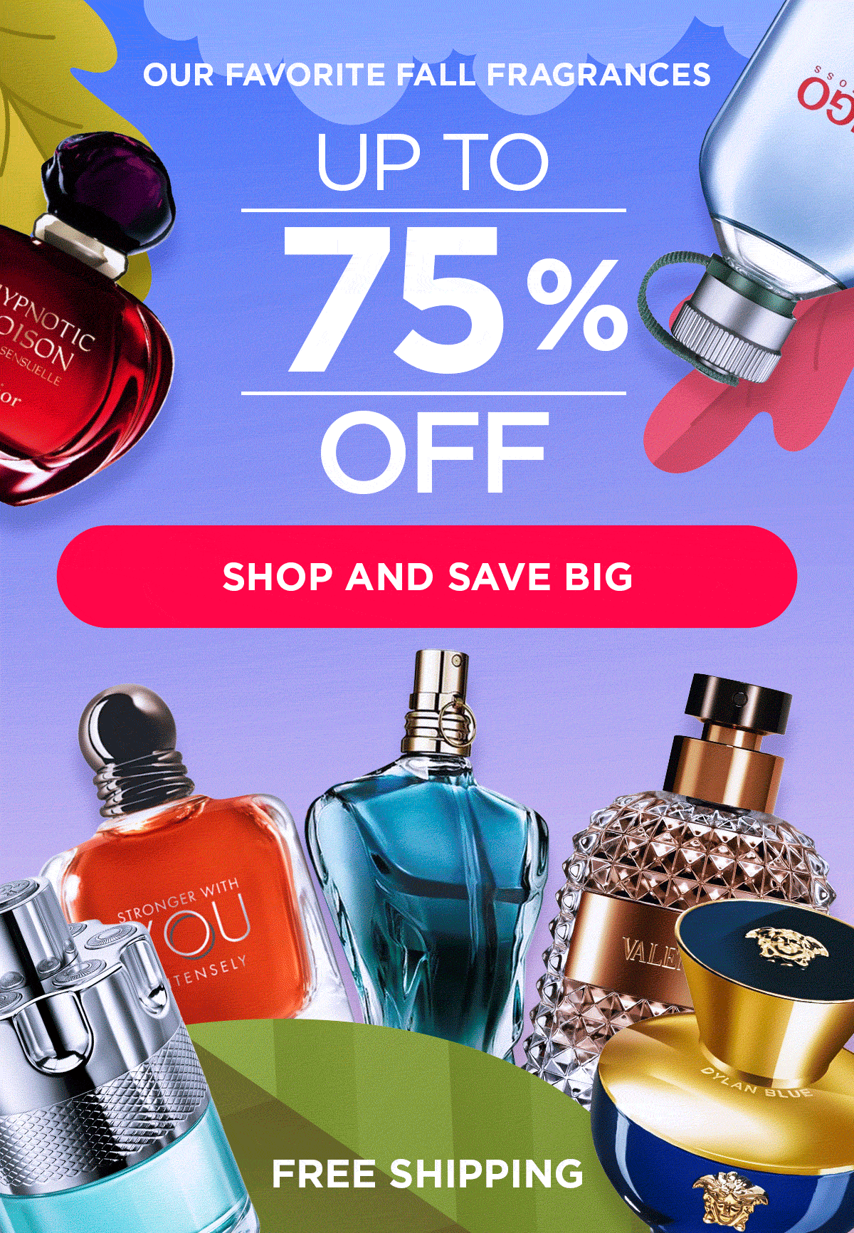 Popular perfume and cologne bottles fall with autumn leaves during fall savings event