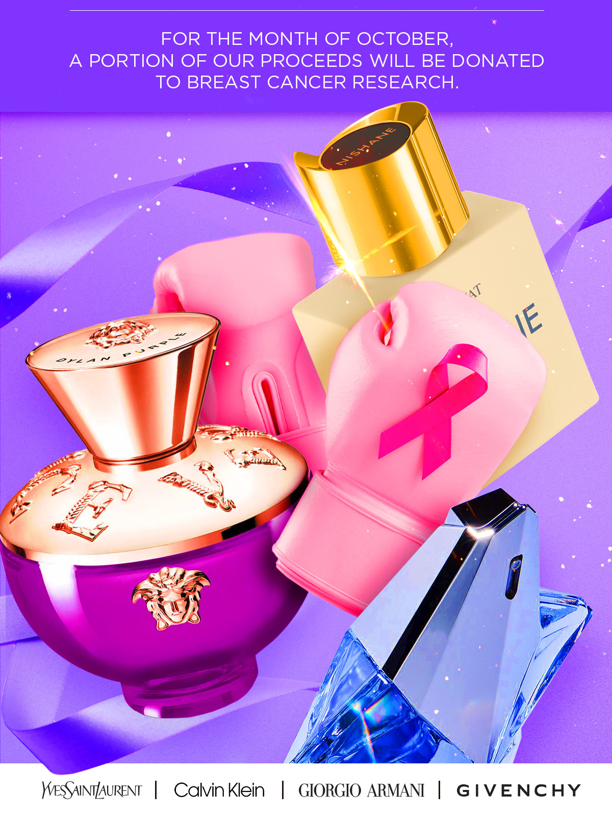 Pink gloves with a cancer ribbon are surrounded by popular scents on sale to support Breast Cancer Research