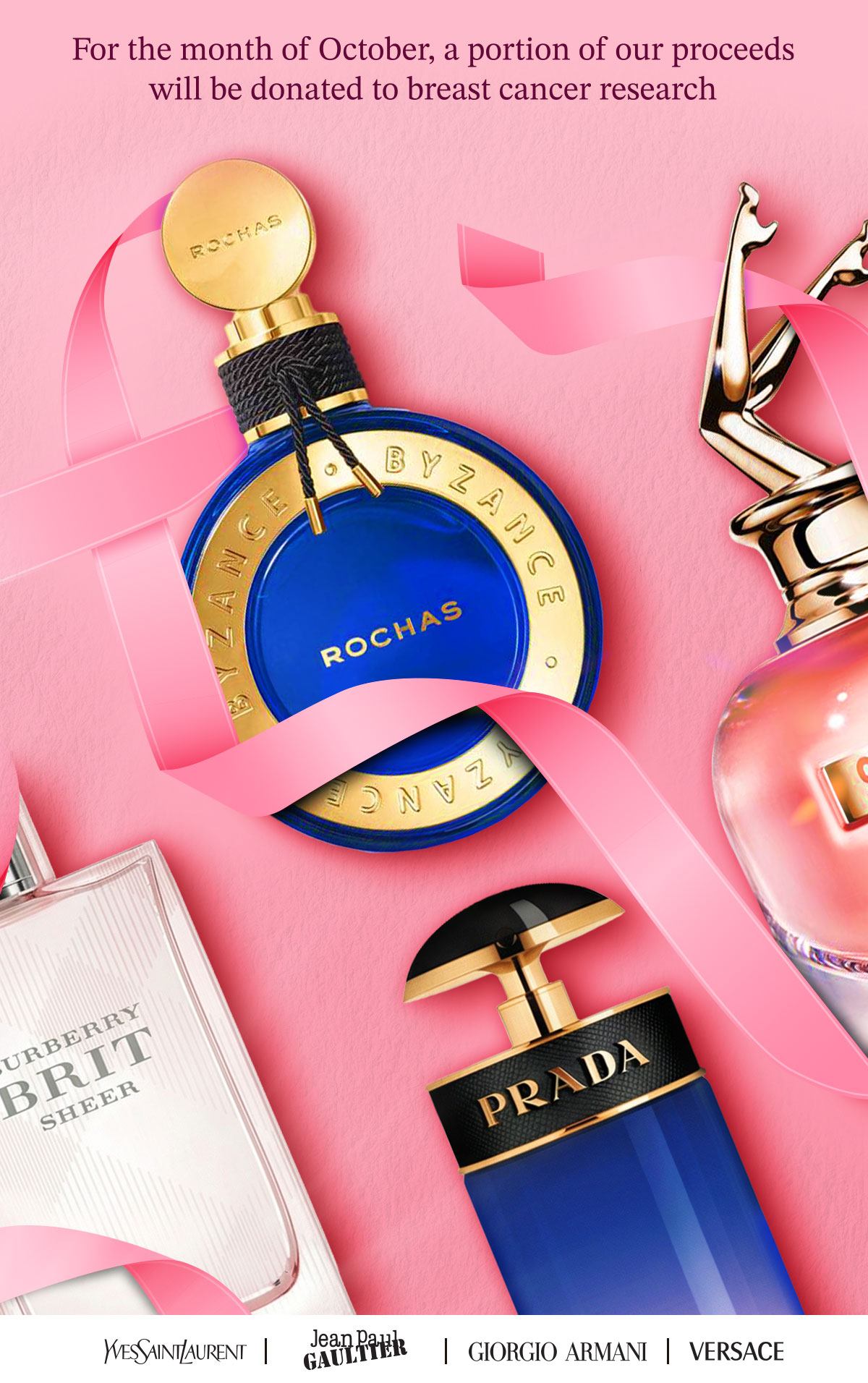 Breast cancer awareness perfume promotion with fragrance bottles on a pink background, a ribbon motif, and text noting that a portion of October proceeds will be donated to breast cancer research