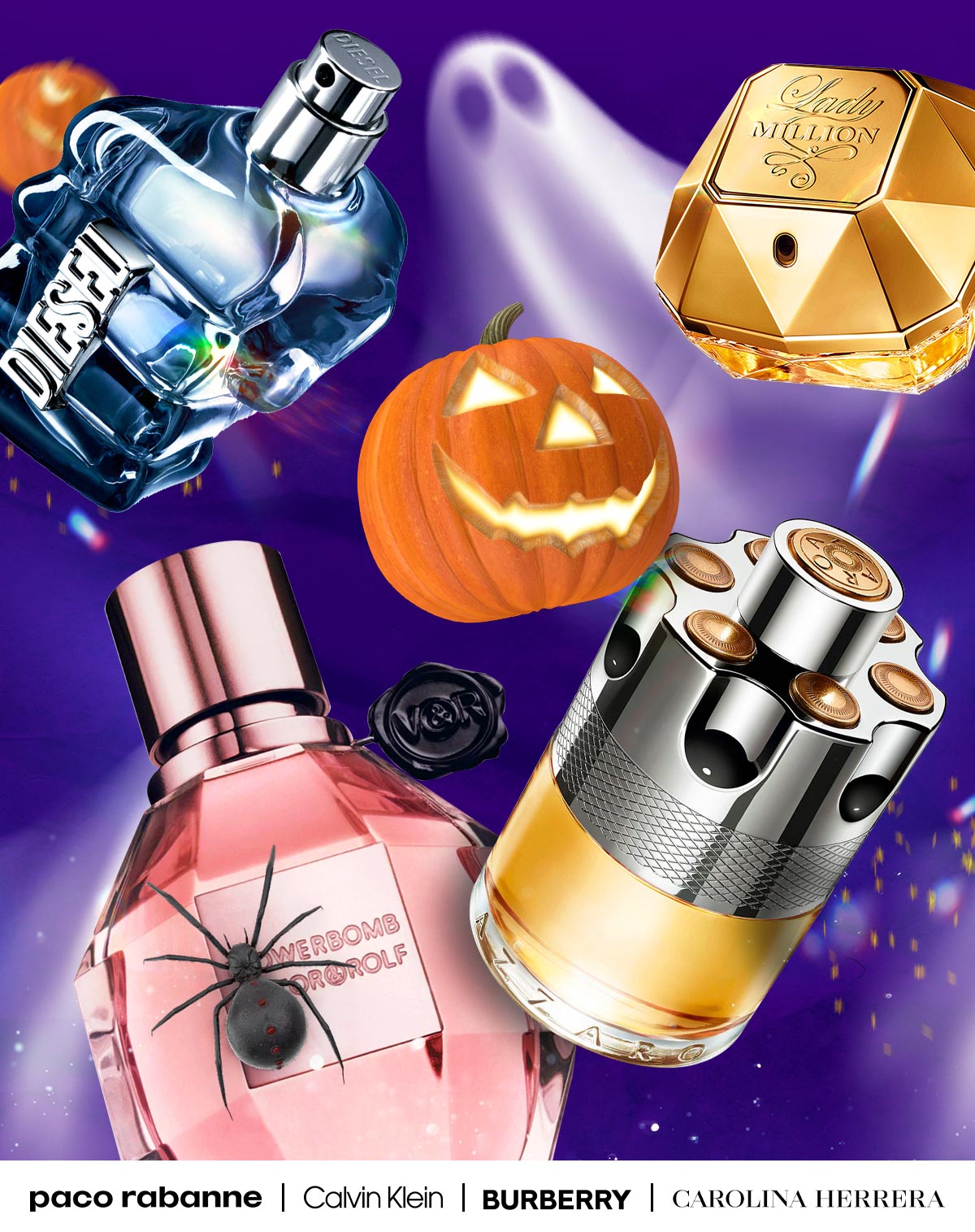 Popular perfume and colognes are surrounded by ghosts during Halloween sale