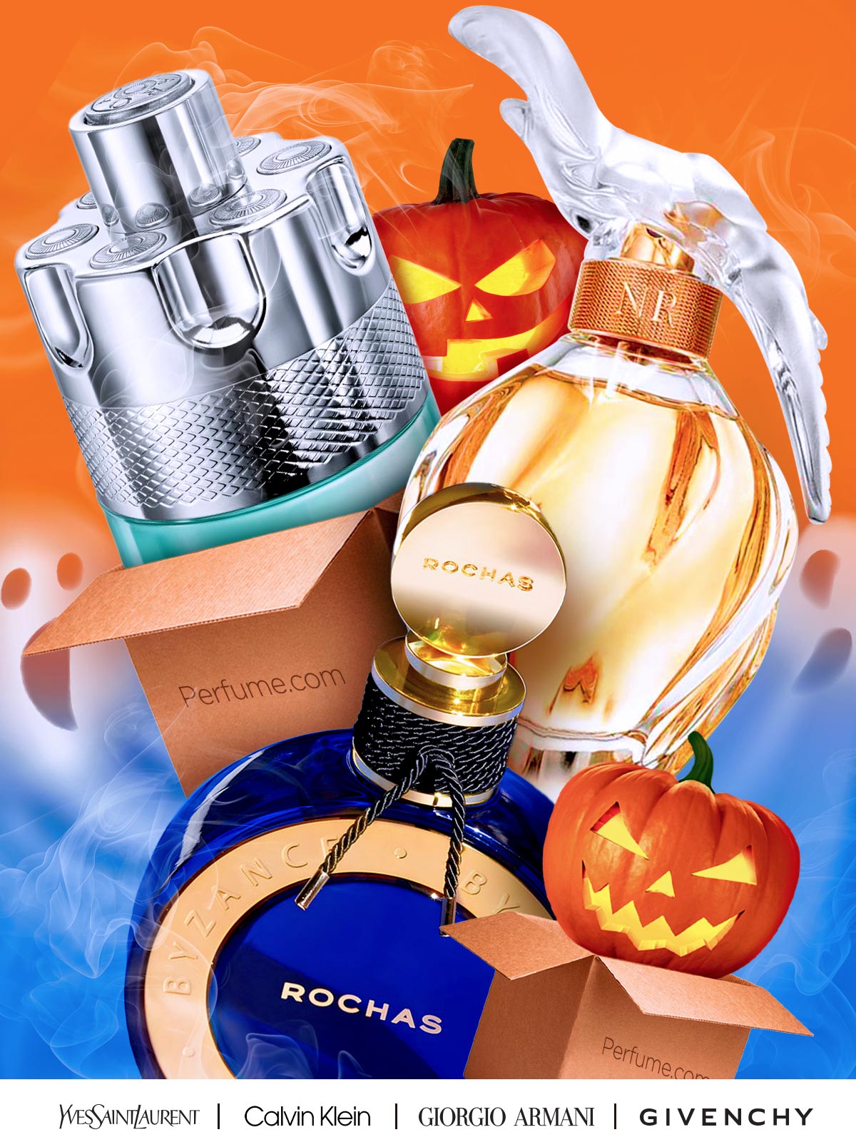 Shipping boxes and Halloween elements surround popular fragrances during prime savings event