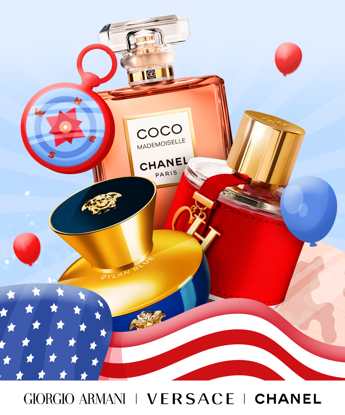 Fragrances are scattered around a compass and patriotic items for Columbus Day deals